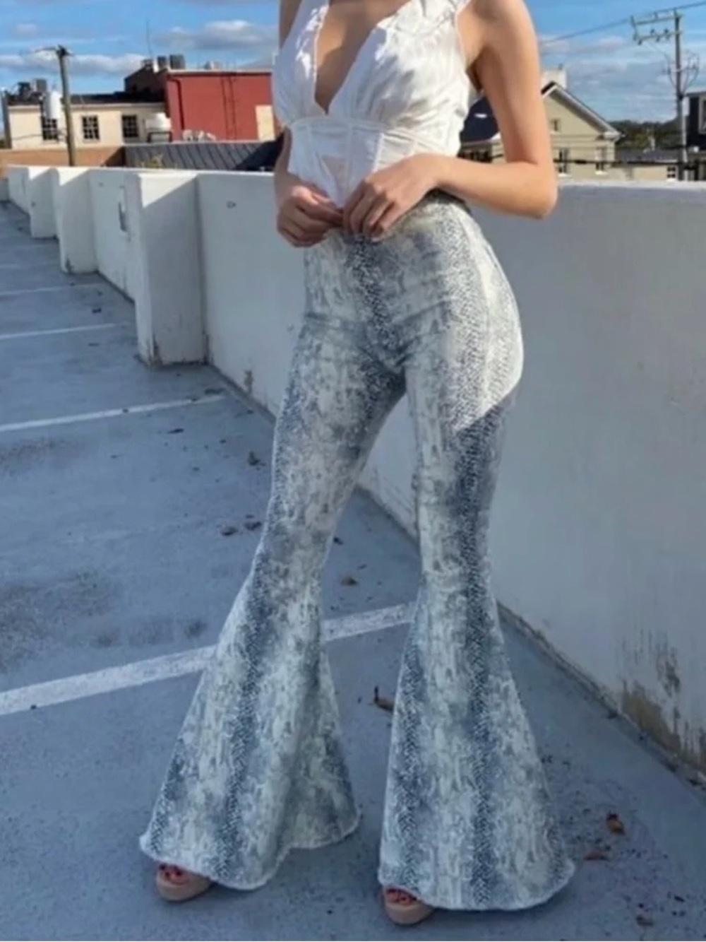 {ALTAR’D STATE} High-Waist Snake Python Print Flared Bell Bottom Pants - Medium